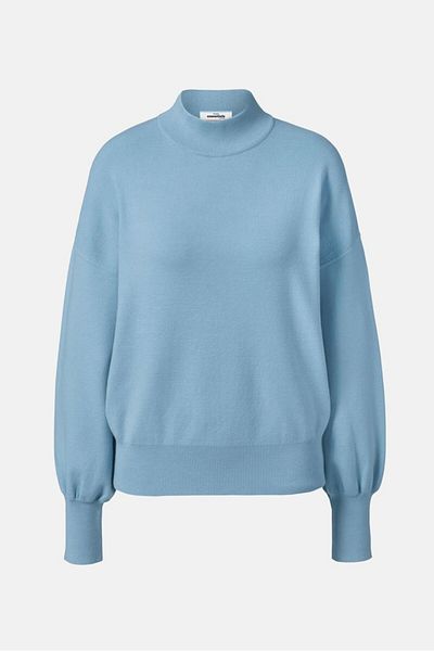 Tchibo Women Mock Neck Bishop Sleeves Knit Sweater, Light Blue