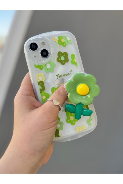 MİRAZ TASARIM حافظة آيفون 14 بلس بطبعة زهور خضراء وشفافة بحواف سميكة مع سوكيت...