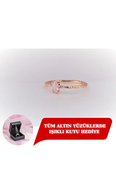 FasekGold 14 Ayar Altın Yüzük- Afrodit Eskitme Oval Pınky Ouartz Roz Renk Evl...