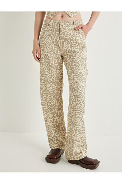 Koton Leopar Pantolon Düz Paça Standart Bel Cepli Düğmeli Pamuklu