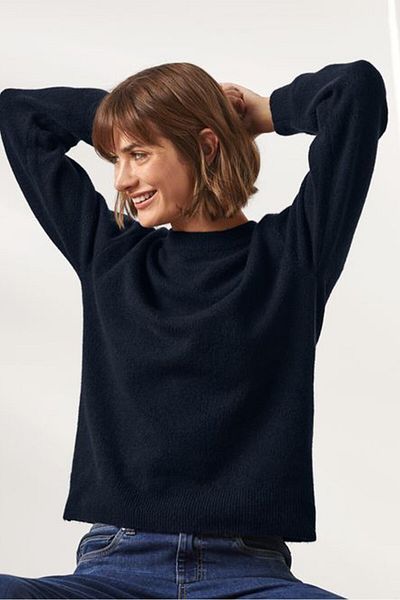 Tchibo Women Round Neck Textured Fleece Sweater, Navy