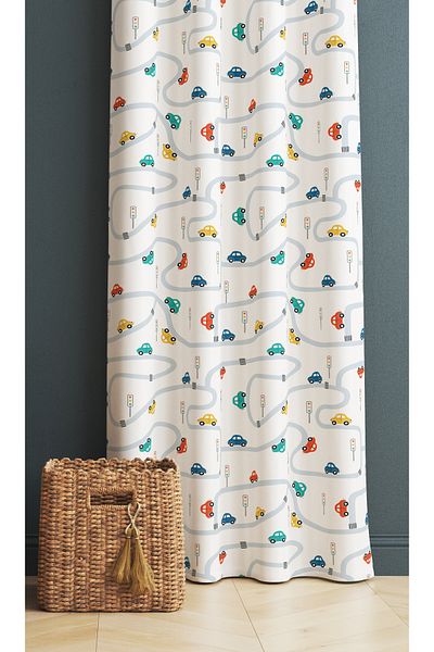 Else Dekor Colorful Car Traffic Patterned Boy's Room Background Curtain 140X260Cm