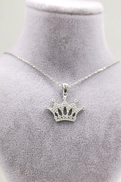 Omar Silver Kadın Kraliçe Taç Model Zirkon Taşlı Gümüş Kolye