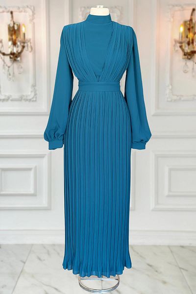 Amine Hüma Rochie de Seara Hijab Pliata - Alina Petrol Color
