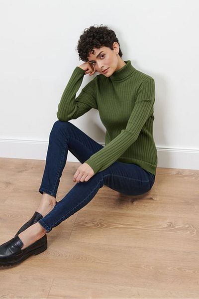 Tchibo Women Turtle Neck Long Sleeve Ribbed Sweater, Dark Green