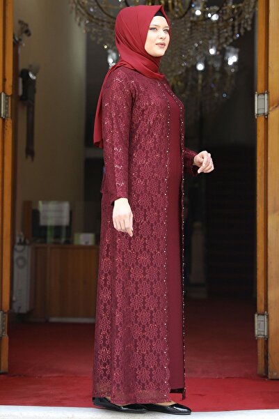 Amine Hüma Daisy Hijab Evening Dress Claret Red