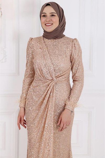 Amine Hüma Χρυσό Βραδινό Φόρεμα Hijab - İkbal Payetli