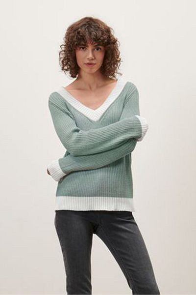 Tchibo Women V-neck Textured Knit Sweater, Green Combo