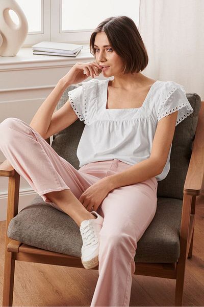 Tchibo Women Square Neckline Short Sleeve Embroidery Blouse, White