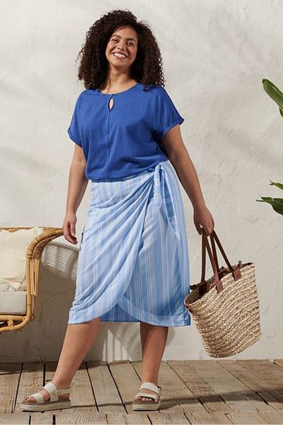 Tchibo Women Keyhole Short Sleeve Plain Top, Blue