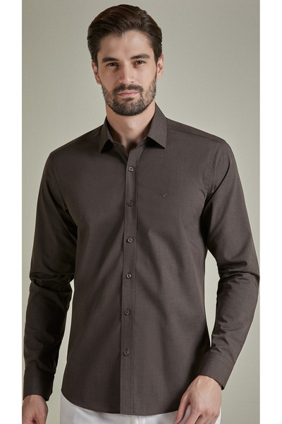 BENEZZO Slim Fit Long Sleeve Brown Men's Shirt
