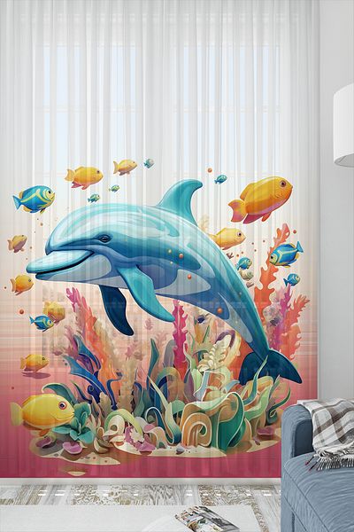 Else Dekor Fishes Dolphin Sea Patterned Girl's Room Tulle Curtain 140X260Cm