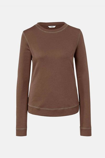 Tchibo Women Round Neck Long Sleeve Plain Blouse, Brown