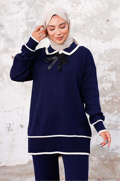 Bestenur Σετ πλεκτό και παντελόνι Karyel Navy Blue - 1230