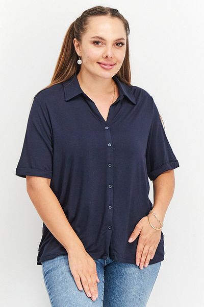 Tchibo Women Spread Collar Short Sleeves Plain Top, Navy