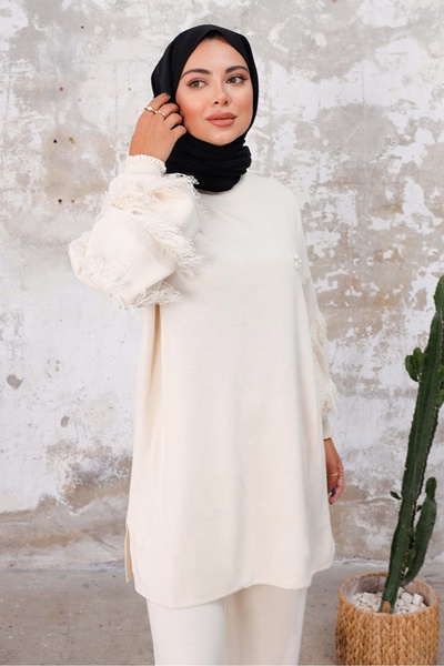 Bestenur Εκρού Πλεκτό Σετ - Φούντα μανίκι και παντελόνι 1234