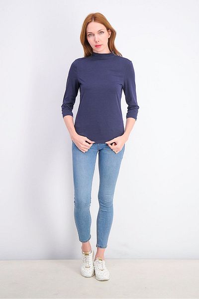 Tchibo Women Mock Neck Plain Long Sleeve Top, Navy