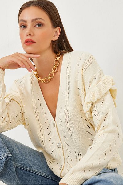 Bianco Lucci Damen-Strickjacke mit durchbrochenem Rüschenmuster