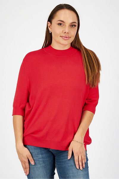 Tchibo Women Mock Neck Elbow Sleeve Plain Top, Red