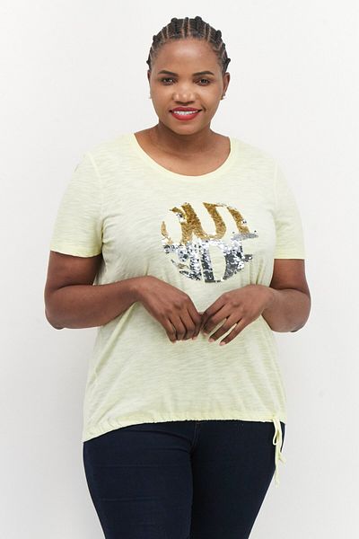 Samoon Women Crew Neck Short Sleeve Textured Top, Light Yellow