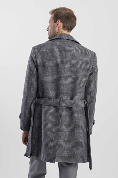 Jakamen Gray Slim Fit Sailor Collar Plaid Woolen Coat