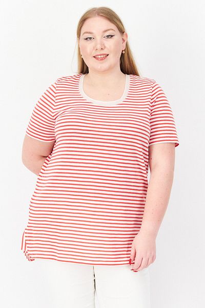 Samoon Women Scoop Neck Shorty Sleeve Stripe Top, Red