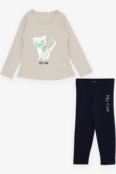 Breeze Girl's Tights Suit Sequined Kitten Printed Embroidered 1.5-5 Years, Beige