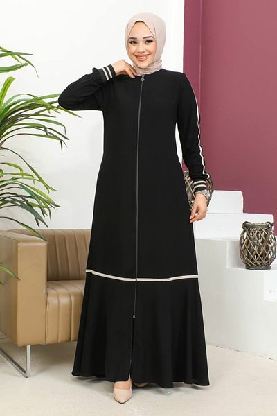 Nevayla Moda Λεπτομερής κορδέλα καρπού με ραβδώσεις Hijab Ferace - Μαύρο