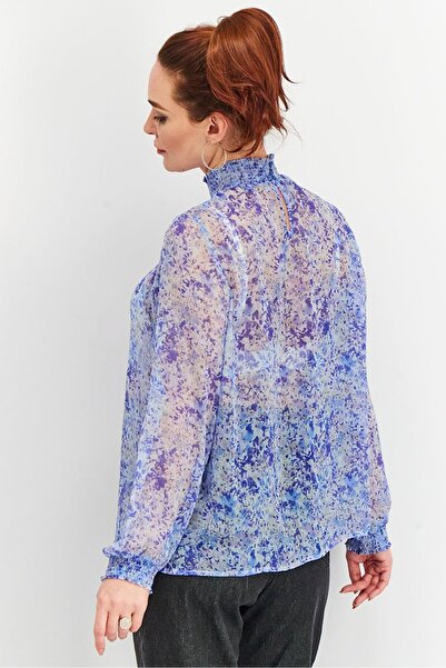 Tchibo Women Ruffle Neck Long Sleeve Splatter Paint Top, Blue Combo