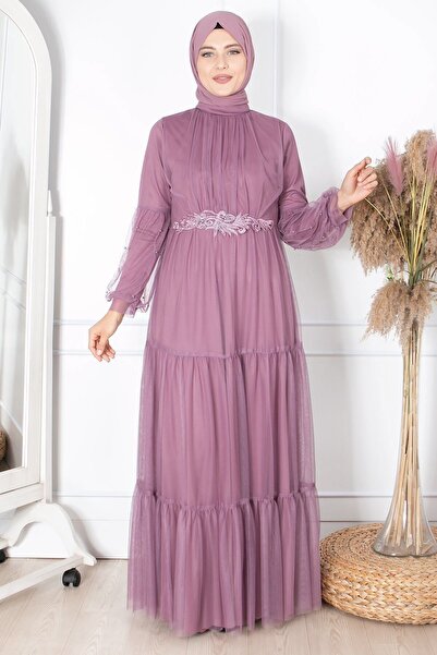 SUBU TASARIM Fırfır Güpür Işlemeli Tül Abiye Lila TBS864