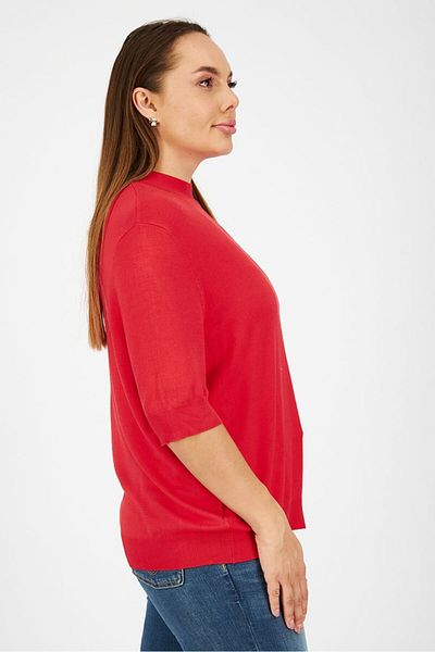 Tchibo Women Mock Neck Elbow Sleeve Plain Top, Red