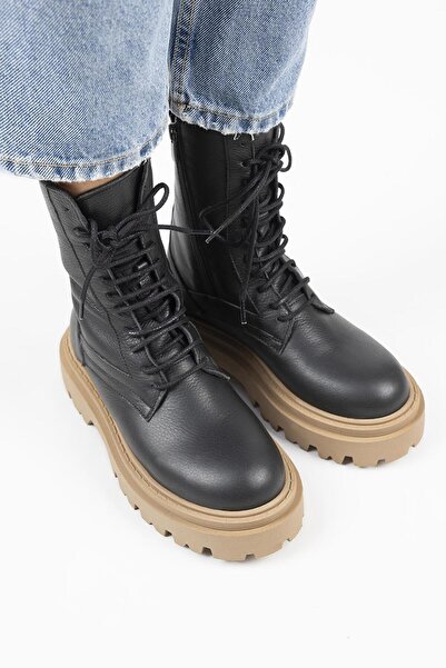 Manijero Diane Kadın Hakiki Deri Bağcıklı Siyah-Taba Bot