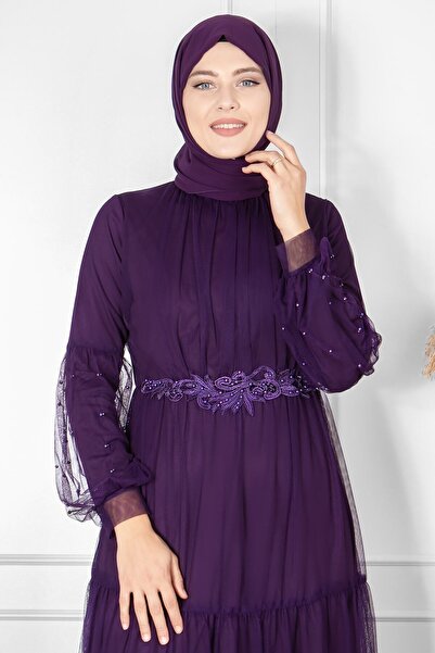 SUBU TASARIM Μωβ βραδινό φόρεμα από τούλι - Κέντημα με βολάν και Guipure TBS864