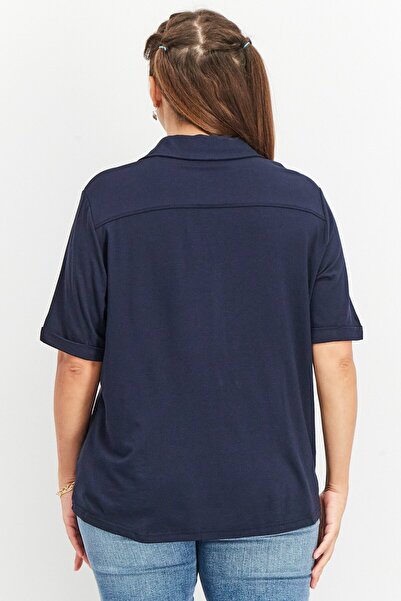 Tchibo Women Spread Collar Short Sleeves Plain Top, Navy