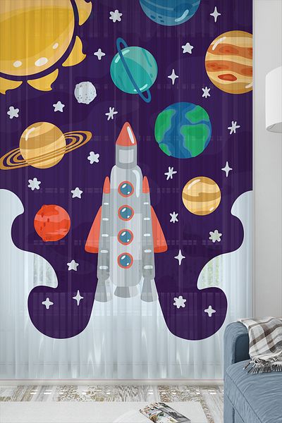 Else Dekor Spaceship Planets Patterned Children's Room Tulle Curtain 140X260Cm