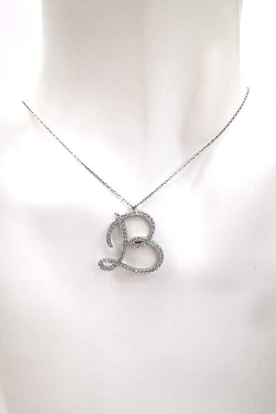 Omar Silver Kadın Büyük Boy B Harf Kolye Zirkon Taşlı Gümüş Harfli Kolye