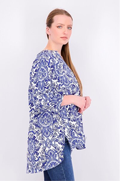 Tchibo Women Split Neck 3/4 Sleeves Printed Top, Blue