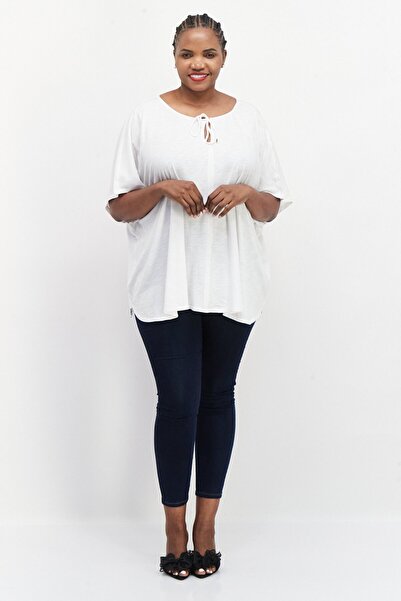 Tchibo Women Tie Neck Short Sleeve Plain Top, White