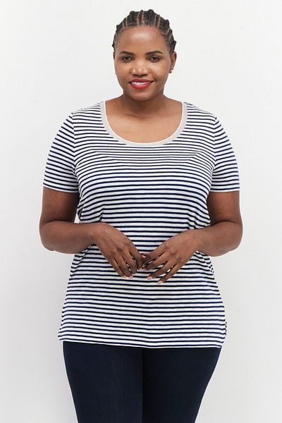 Samoon Women Crew Neck Short Sleeve Stripe Top, Blue