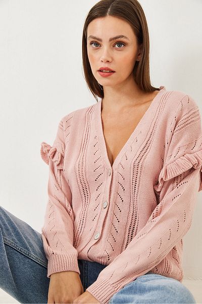 Bianco Lucci Women's Openwork Frilly Knitwear Cardigan