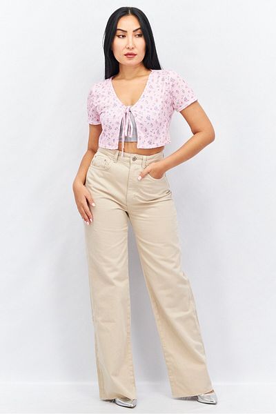 Missguided Women Tie Neck Short Sleeve Allover Printed Blouse, Pink Combo