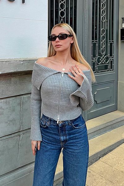 Swist Grauer Damen-Strickpullover mit spanischem Ärmel, Spitzenkragen und Reißverschluss