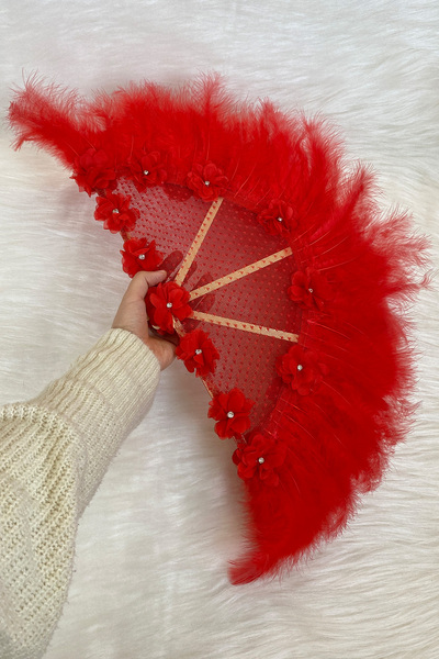 ZEYMERADE Kırmızı Gelin Yelpazesi, Ahşap Tüylü Dantel Ve 3D Çiçek Süslemeli Kına Yelpazesi, Büyük Boy Yelpaze