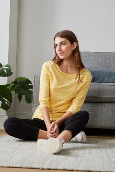 Tchibo Women Scoop Neck Elbow Sleeve Stripe Tops, Yellow