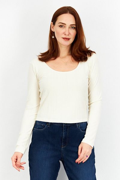NA-KD Women Scoop Neck Long Sleeve Ribbed Top, Cream