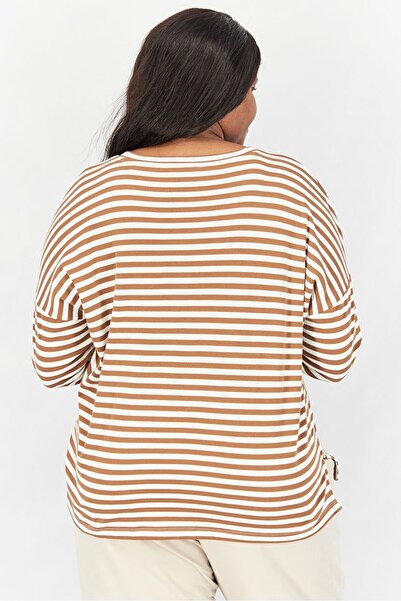 Tchibo Women Round Neck Elbow Sleeve Stripe Top, Brown And White