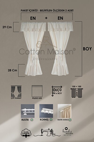 cotton maison Naturel Fırfırlı Perde Farbalı Vintage Çift Kanat Krem