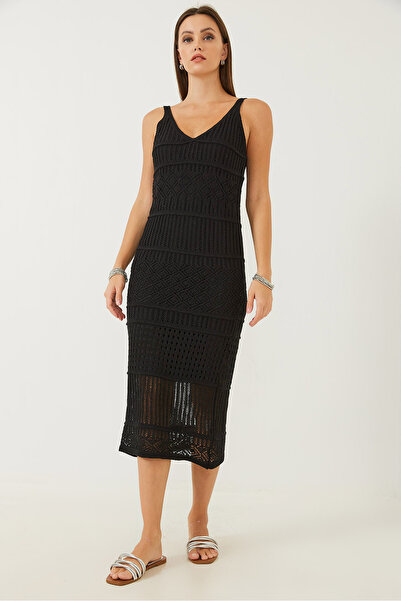 Bianco Lucci Dámské úpletové šaty s prolamovaným tenkým páskem - 20246135