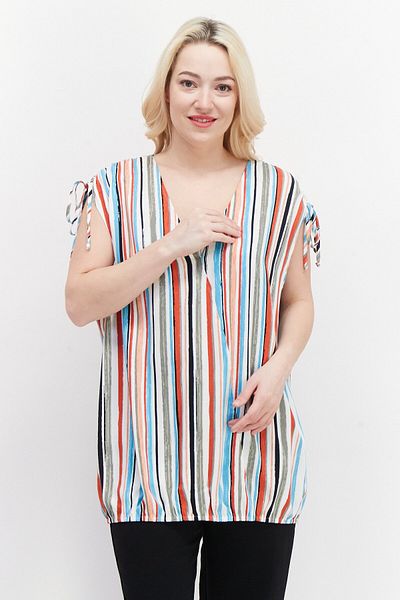 Samoon Women V Neck Tie Sleeve Striped Blouse, White