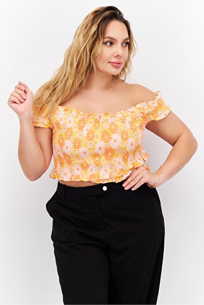 Cotton On Women Off Shoulder Cap Sleeve Floral Printed Top, Orange Combo
